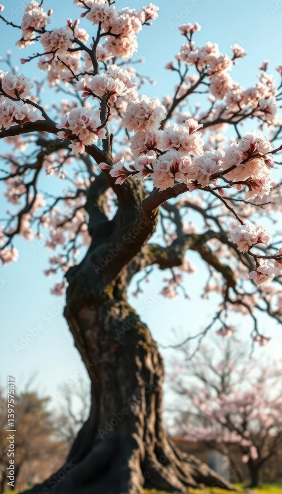 Fototapeta premium Ancient, flowering tree, boughs laden with blossoms, springtime bloom, spring, branches, old tree