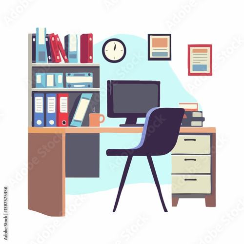 Organized Office Workspace with Computer and Filing Cabinet. Vector Image