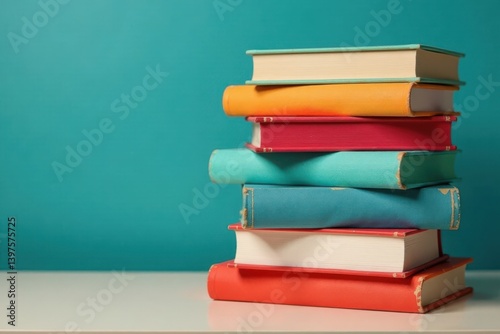 Colorful book tower with books stacked on top of each other, books, stack