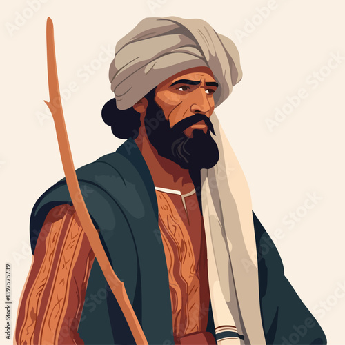 Man in Turban with Staff Illustration. Vector Image