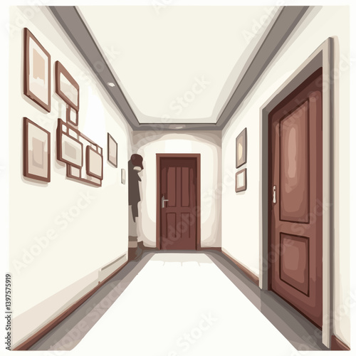 Interior hallway with framed pictures and doors. Vector Image