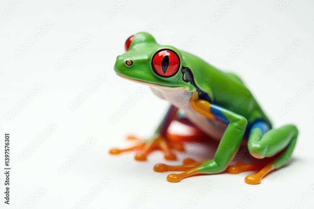 Obraz premium Single vibrant red-eyed tree frog on pristine white, macro, nature photography, white background