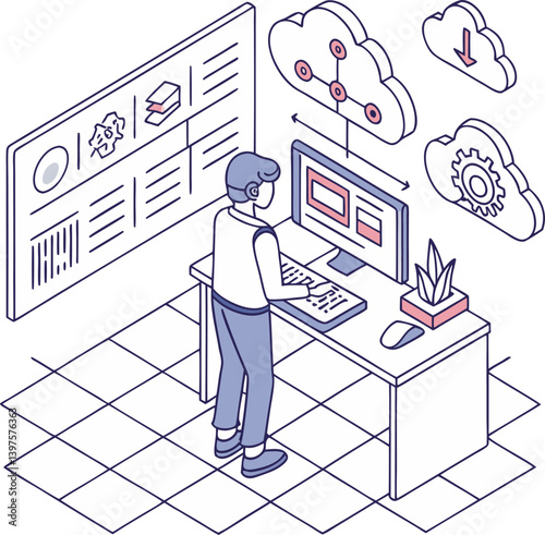 Character Creating Content, Images, and Text Using Generative AI Tools — Artificial Intelligence Technology Concept. Flat Isometric Vector Illustration.