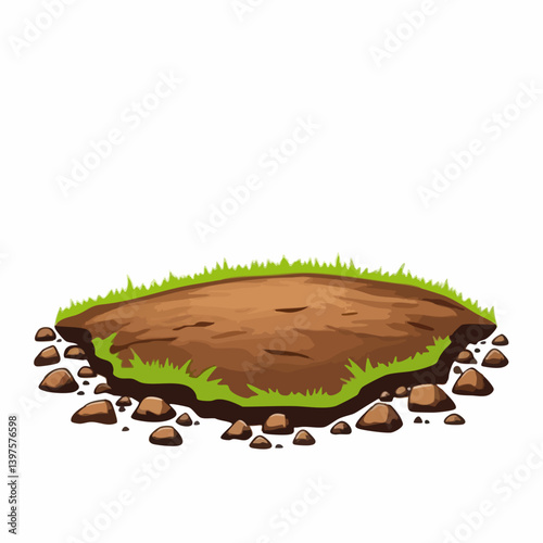 Grass Tuft with Eroded Soil and Stones. Vector Image