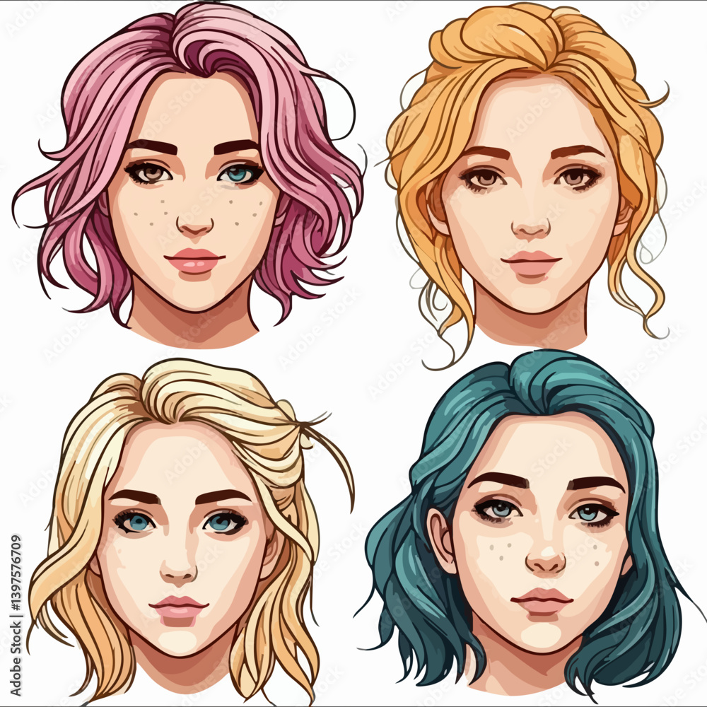 Four stylized female portraits with different hairstyles. Vector Image