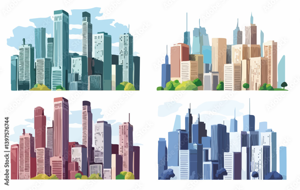 Obraz premium Four City Skylines Illustration Set. Vector Image