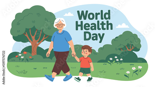 World Health Day vector illustration in flat design showing medical professionals, heart health, stethoscope, and healthcare icons – perfect for hospital, clinic, wellness, and medical campaign design