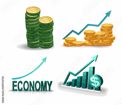Financial Growth Charts and Coin Stacks Illustration. Vector Image