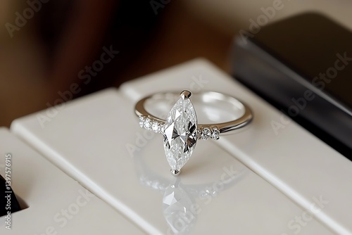 A unique marquise diamond ring on a white gold band, resting on a glossy white piano surface.