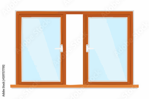 Double-hung window with wooden frame and sill. Vector Image