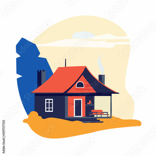 Cozy Cabin Illustration with Porch and Chimney. Vector Image