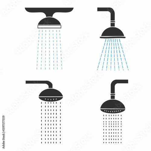 Collection of Shower Head Icons with Water Flow Illustrations. Vector Image