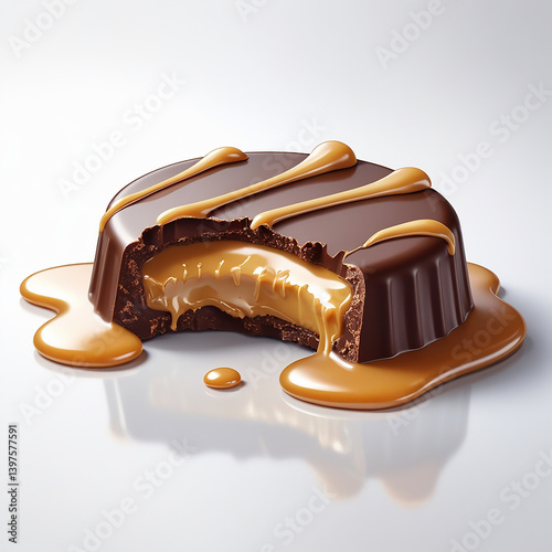 Chocolate bar broken with caramel filling small chcocolate in to two halves in the white background with chcocolate blast in the background
