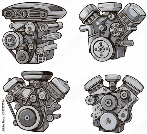 Collection of Detailed Internal Combustion Engines. Vector Image