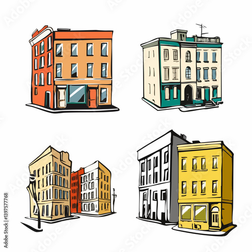 City Building Collection Architectural Illustrations. Vector Image