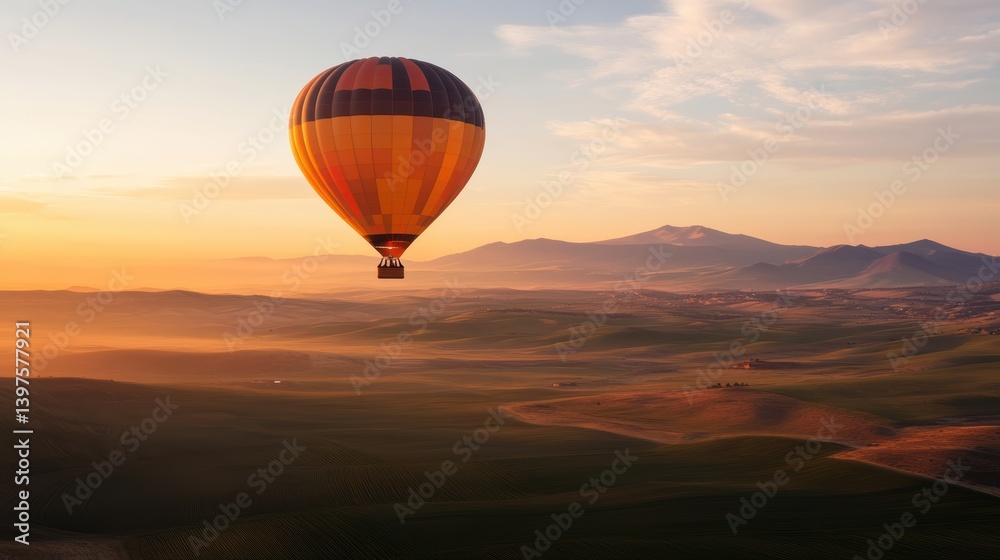 Obraz premium A colorful hot air balloon flying above a vast green field.