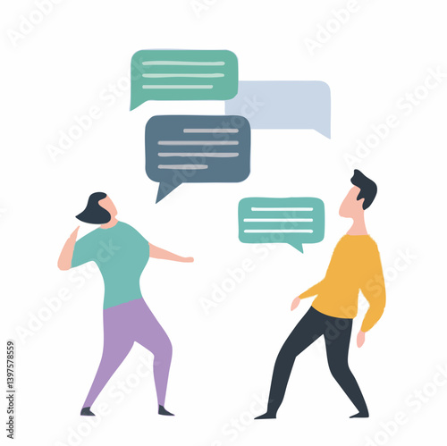 Animated characters communicating via text bubbles. Vector Image