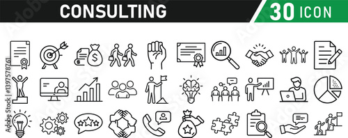Set of 30 icons related to consulting. Linear icon collection. Editable stroke. Vector illustration collection