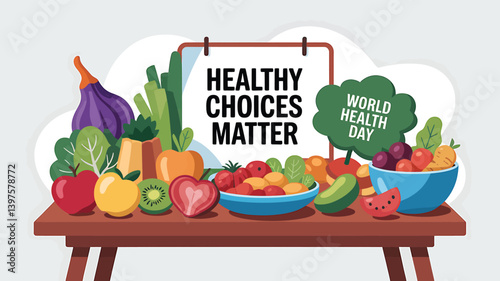 World Health Day vector illustration in flat design showing medical professionals, heart health, stethoscope, and healthcare icons – perfect for hospital, clinic, wellness, and medical campaign design
