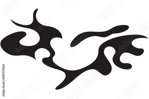 An abstract black ink blot depicting a dynamic, swirling energy, a powerful and mysterious dance of forms against a stark white background.