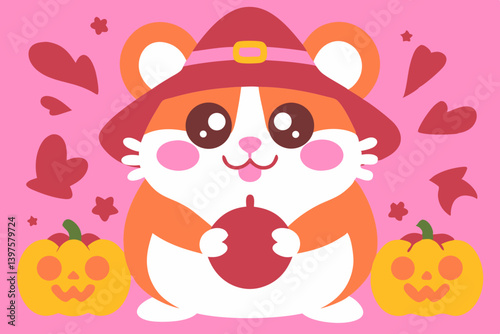 A charming hamster witch cheerfully celebrates Halloween with pumpkins and hearts, a delightful autumn scene in a flat, colorful style.