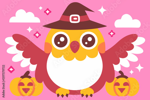 A charming Halloween owl, wearing a witch's hat, joyfully embraces the season with cheerful pumpkins on a soft pink background.