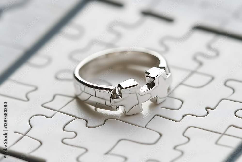 A unique puzzle piece ring design in sterling silver, presented on a white puzzle board for thematic consistency. A unique puzzle piece ring design in sterling silver, presented on a white puzzle board for thematic consistency.