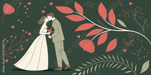 Watercolor hand drawn illustration. Wedding romantic graphics. Bride and groom in dark green and red background. vector illustration.
