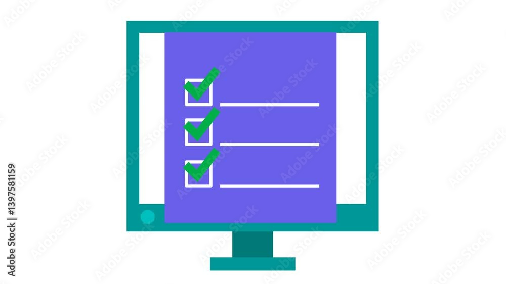 Approved computer checklist with correct checkmark in cartoon animation ...