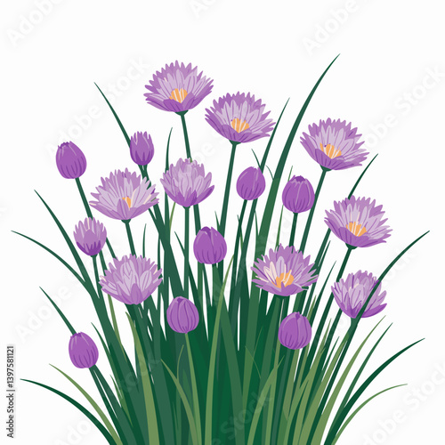 Blooming Chives Herb Clipart with Purple Blossoms