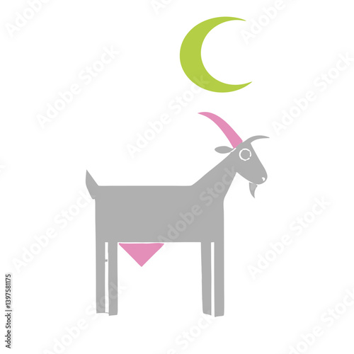 A gentle grey goat stands serenely under a pale green crescent moon, a peaceful nighttime scene in minimalist art style.