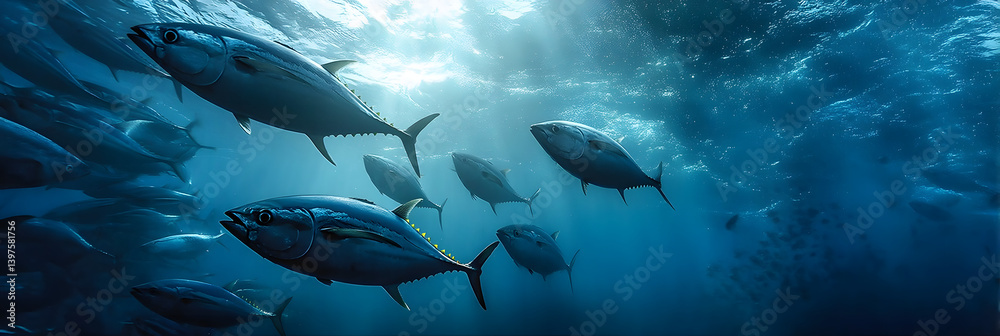 Obraz premium World Fisheries Day. Blue sea background with a lot of fish. Shoal of tuna in the ocean. Horizontal banner. Free space for text. World Tuna Day. World Ocean Day Fishing Day. Postcard, template