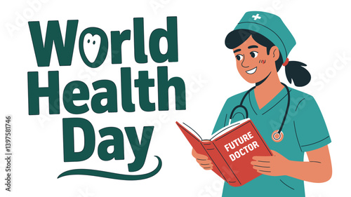 World Health Day vector illustration in flat design showing medical professionals, heart health, stethoscope, and healthcare icons – perfect for hospital, clinic, wellness, and medical campaign design