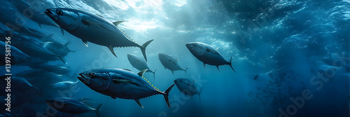 World Fisheries Day. Blue sea background with a lot of fish. Shoal of tuna in the ocean. Horizontal banner. Free space for text. World Tuna Day. World Ocean Day Fishing Day. Postcard, template photo
