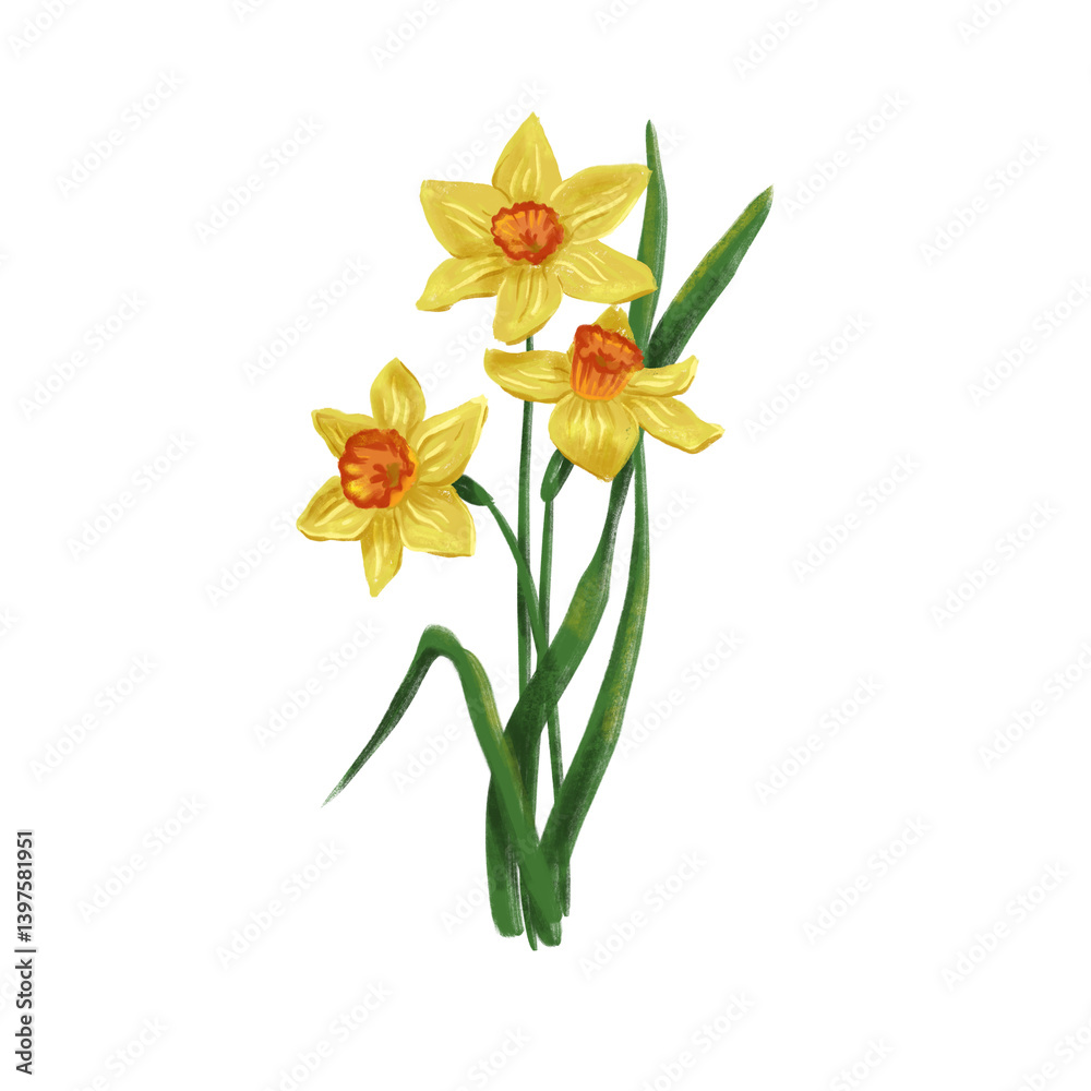 Fototapeta premium hand drawn spring flowers: yellow daffodil digital drawing for your design
