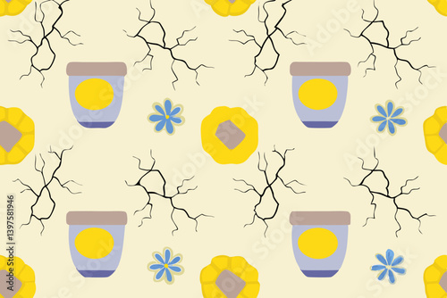 A whimsical springtime pattern featuring cracked earth, hopeful sunflowers, and jars of sunshine, rendered in a cheerful, minimalist style with pastel colors.