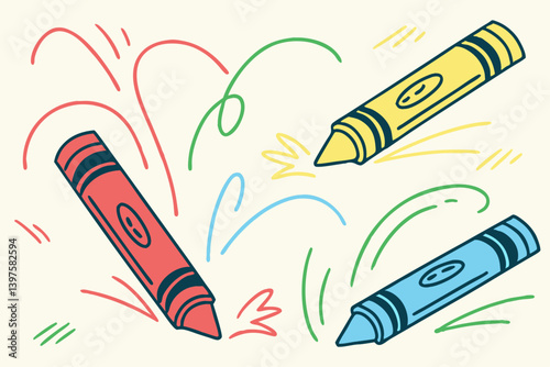 Colorful crayons bursting with creative energy, playfully scattering vibrant strokes across a light background.