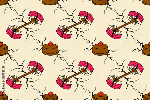 Sweet Surrender: A whimsical pattern of cake-shaped weights playfully defying gravity on a cracked, creamy background.