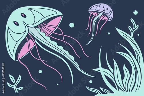 Two graceful jellyfish dance in a serene underwater world, their pastel bodies gently swaying amidst stylized seaweed, a minimalist and dreamy ocean scene.