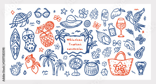 Whimsical Tropical Collection hand drawn summer set with tropical fruits, drinks, beach doodles and sea elements in coral red and ocean blue. Fun and cute. Vector illustration.