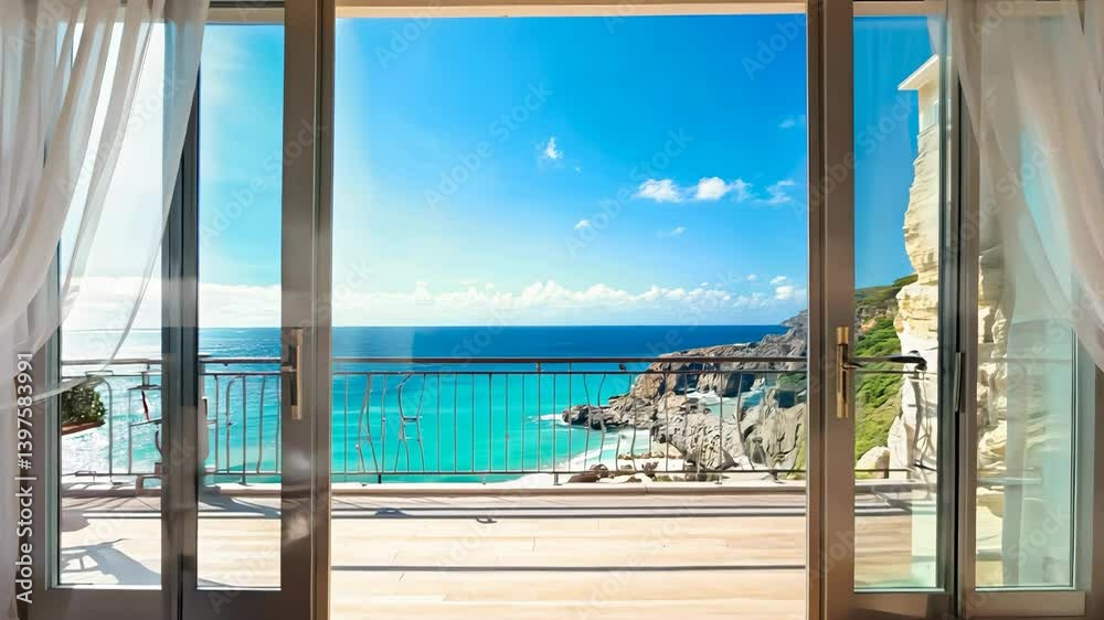 Serene beachfront retreat with panoramic ocean view from elegant bedroom balcony, capturing tranquility and luxury in coastal getaway, ideal for relaxation and escapism