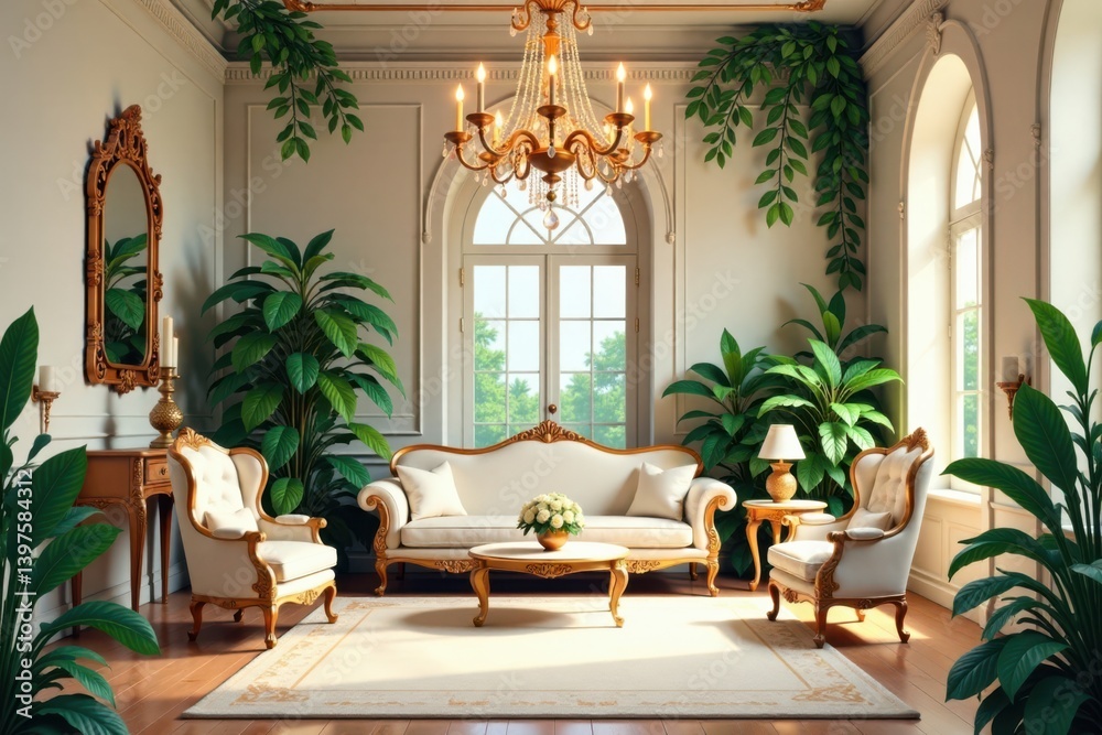 Elegant wedding suite with a whimsical leaf illustration theme, showcasing a grand sitting room and a stunning chandelier, wedding decor, grandeur Elegant wedding suite with a whimsical leaf illustration theme, showcasing a grand sitting room and a stunning chandelier, wedding decor, grandeur