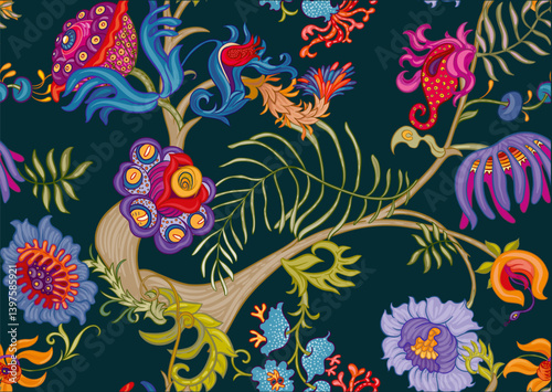 Fantasy, alien hypnotic flowers, decorative flowers and leaves. Cartoon style. Millefleurs trendy floral design. Seamless pattern, background. Outline hand drawing vector illustration.