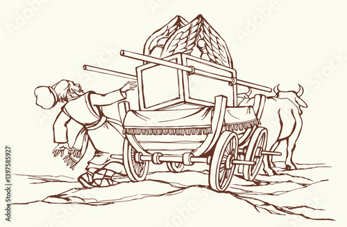 Vector drawing. The ark of the covenant being transported on a wooden cart pulled by two oxens
