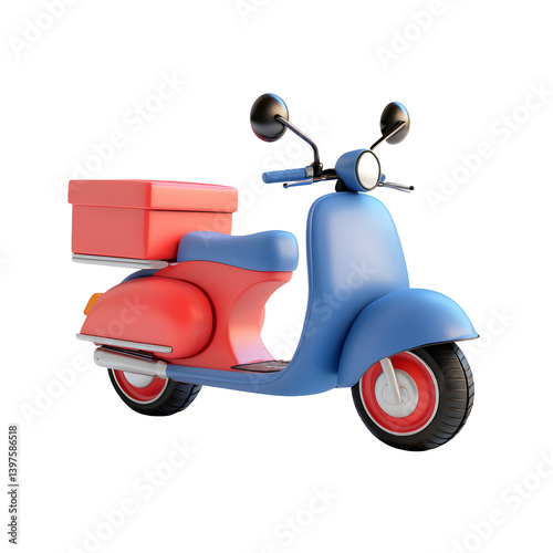 A red and blue scooter with a red box on the back