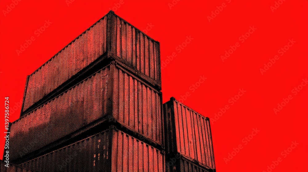 Fototapeta premium Import Tariffs concept. Stacked shipping containers in abstract red backdrop