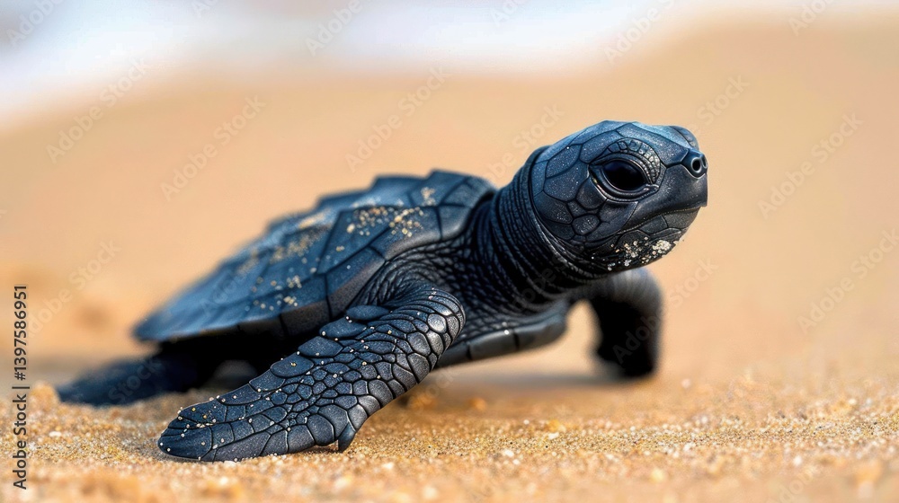 Obraz premium A small, dark-colored sea turtle hatchling crawls on a sandy beach towards the ocean.