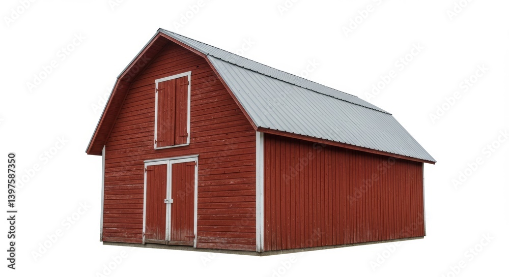 Isolated weathered red barn with metal roof against a bright white backdrop Isolated weathered red barn with metal roof against a bright white backdrop