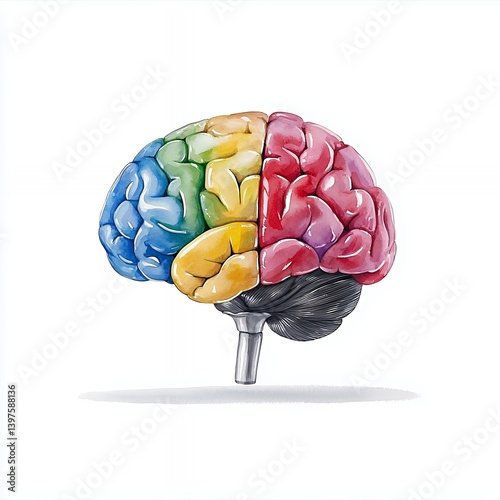 Colorful Human Brain Illustration Four Section Watercolor Anatomy
