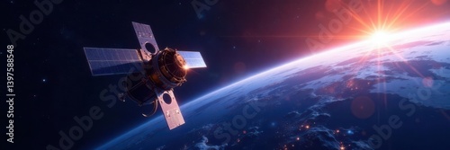 Internet signal transmitted through space satellite to Earth, with stars in the background, spacecraft, earthly